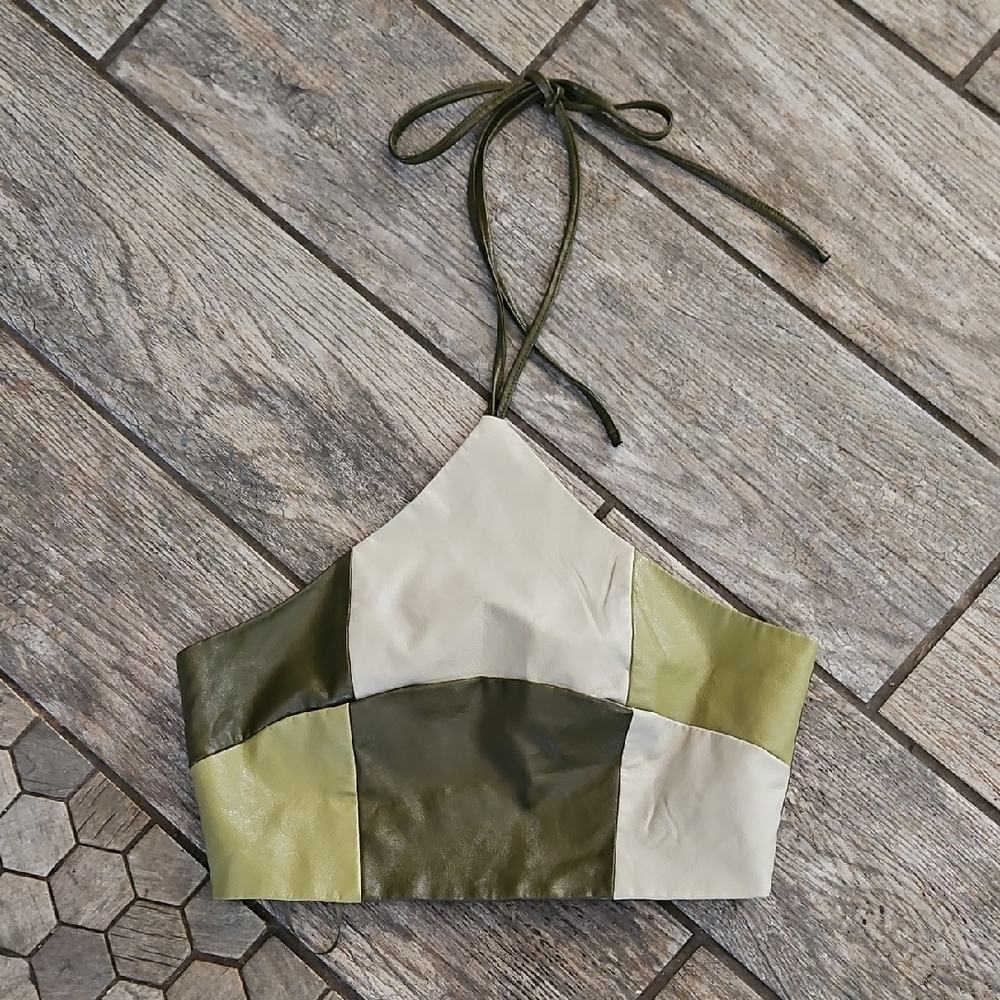 Patchwork Halter Top Green Cream Faux Leather XS